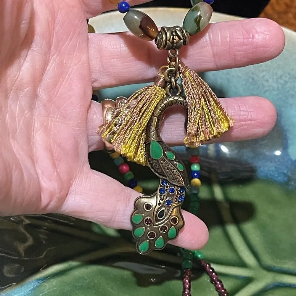 Handcrafted by Me Mumti Gemstone Boho Peacock Charm Necklace 20” with Earrings